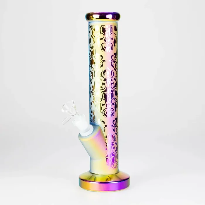 11″ Straight Tube Electroplated Metaliic Finish w/ Intricate Patterns Glass Bong – Pattern 5
